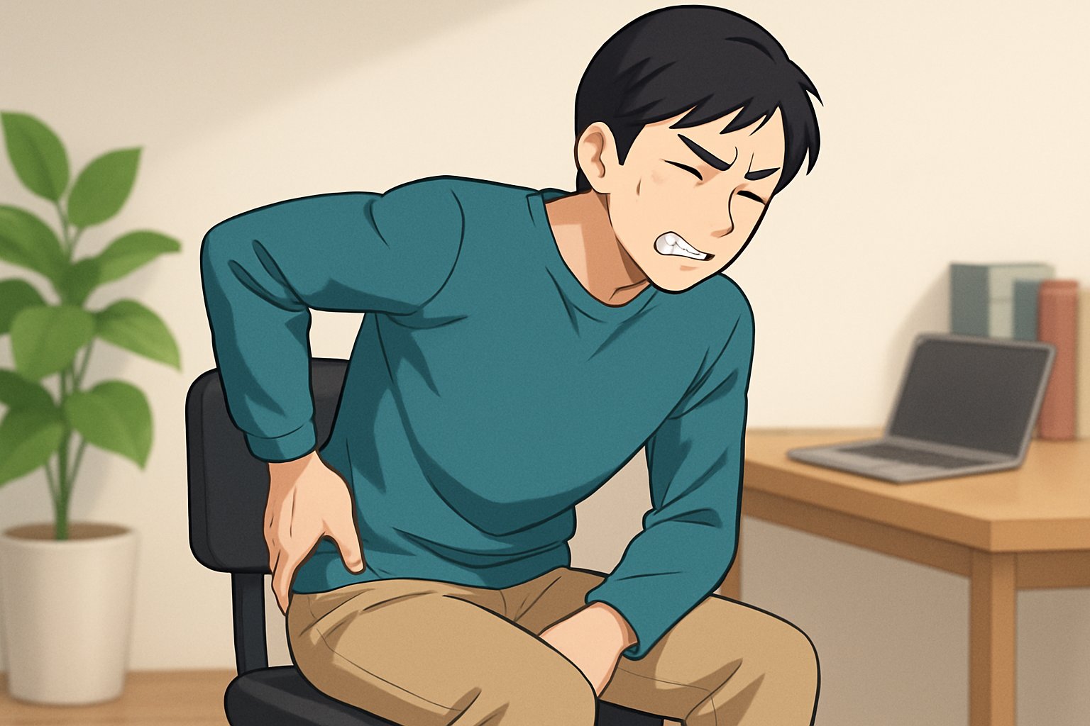 片側だけ痛む坐骨神経痛で腰からお尻を押さえる男性のイラスト｜深谷市の接骨院・整体院