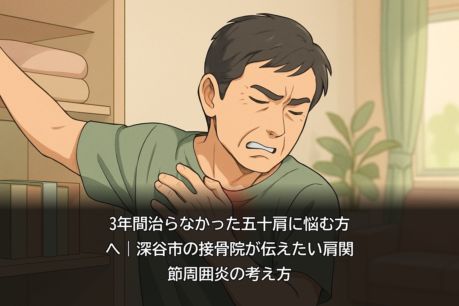 深谷市の自宅で棚に手を伸ばし肩の痛みに顔をしかめる男性
