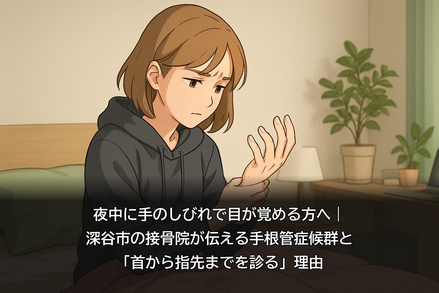 手根管症候群による夜間の手のしびれに悩む深谷市の女性のイメージ