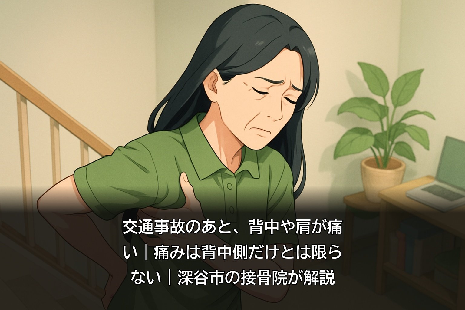 交通事故後の背中や肩の痛みが体の前側まで及ぶことを説明する深谷市の接骨院