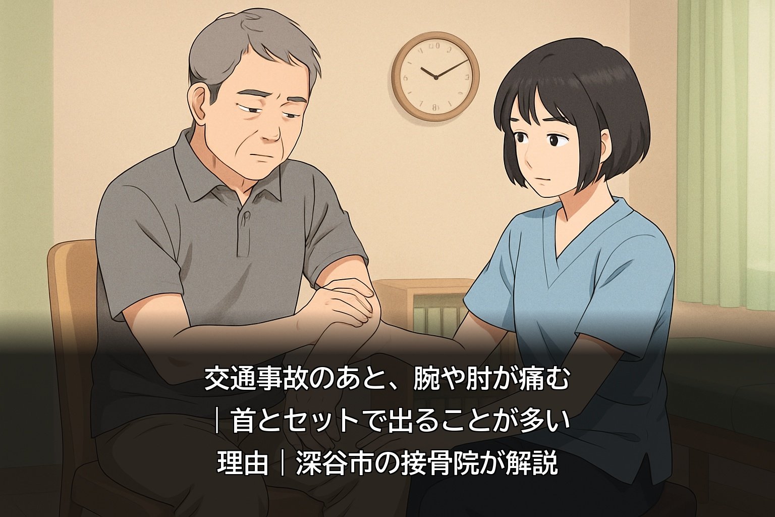 交通事故後の腕や肘の痛みと首とのつながりを説明する深谷市の接骨院